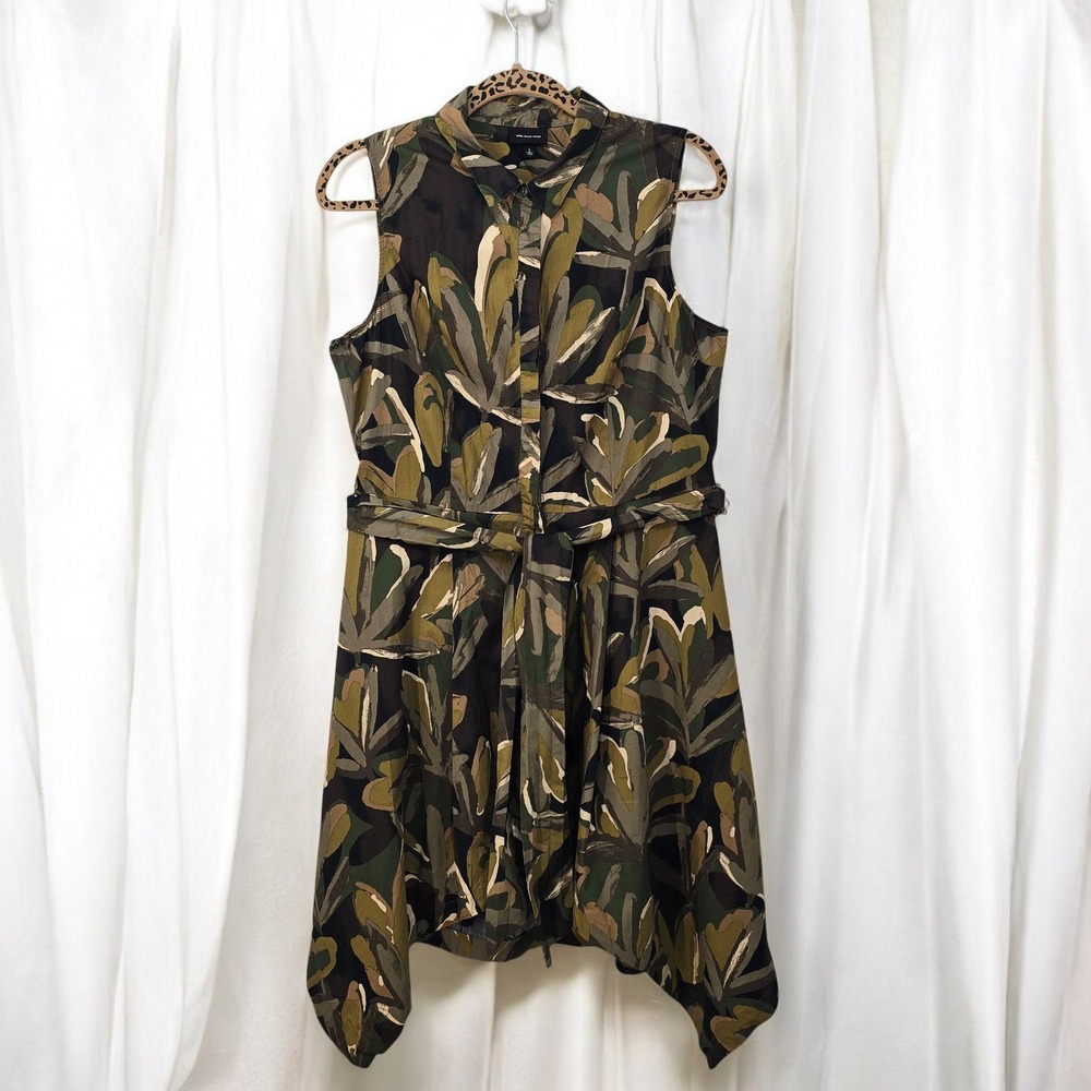 Who What Wear Woman Sleeveless Camo‎ Shirt Dress Belted Large Green Asymmetrical